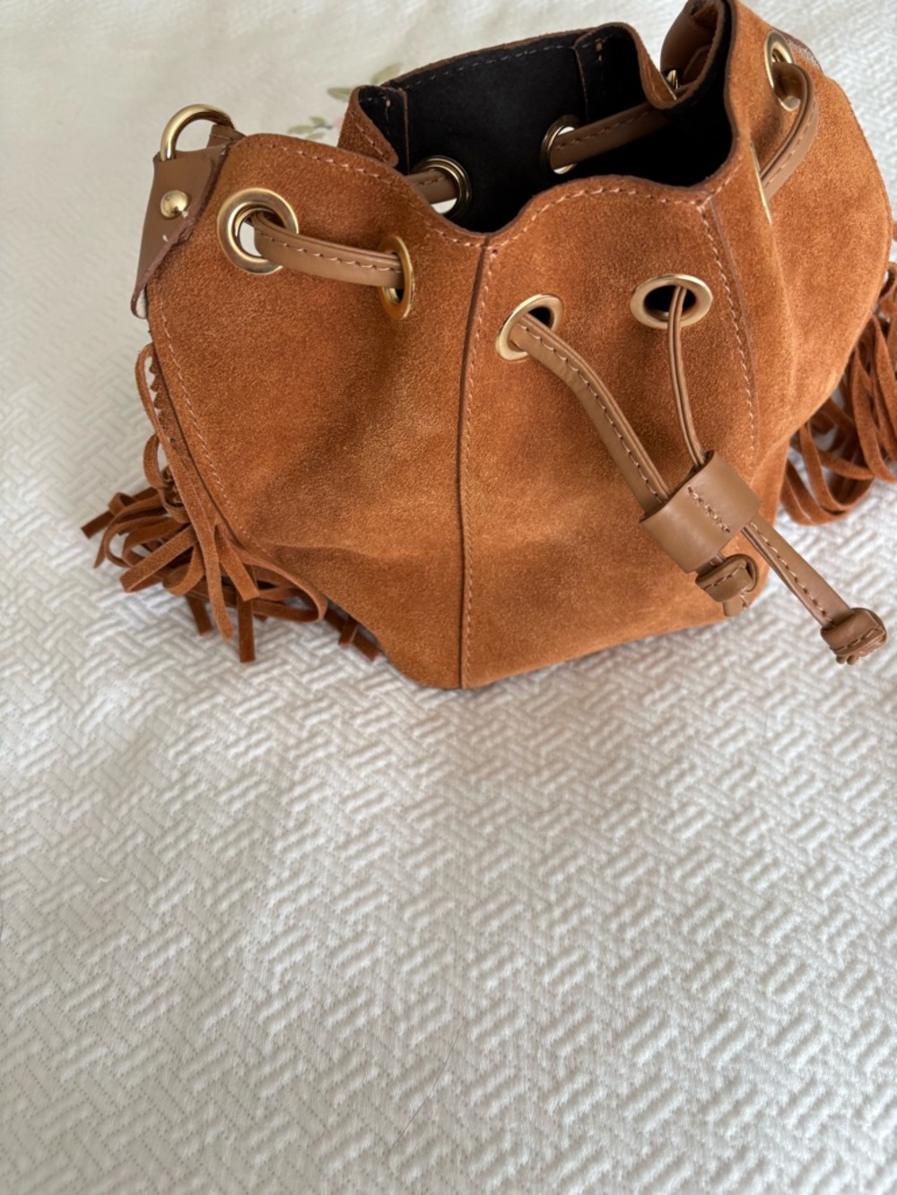 Suede Fringe Drawstring Mini Bag - Cognac